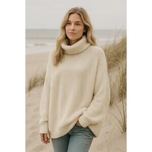 Free People Oversized Turtleneck Sweater Cream Textured Knit  XS (Oversized)